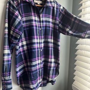LOFT Plaid Flannel Button-Up Shirt - Purple and Blue Sz S